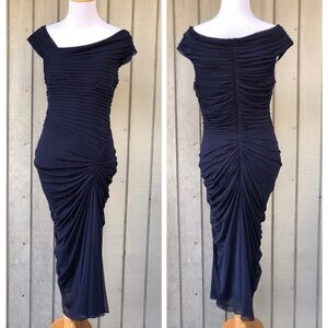 Tadashi Shoji Pleated Drapy Cinched Asymmetrical Navy Blue Cocktail Dress size M